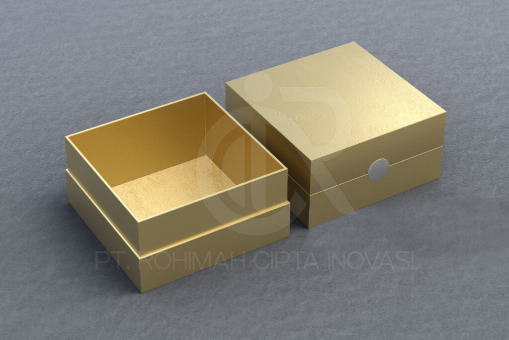 Two gold square boxes opened and closed on gray background. 3d illustration